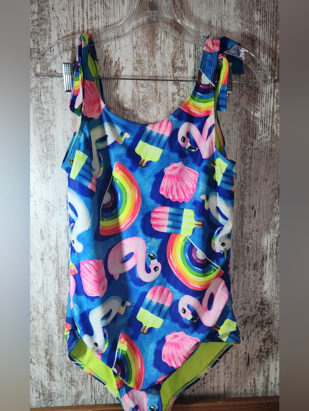 Justice Big Girl Blue Pool Floaty Rainbow Flamingo Popsicle One-Piece Swimsuit - Picture 1 of 8